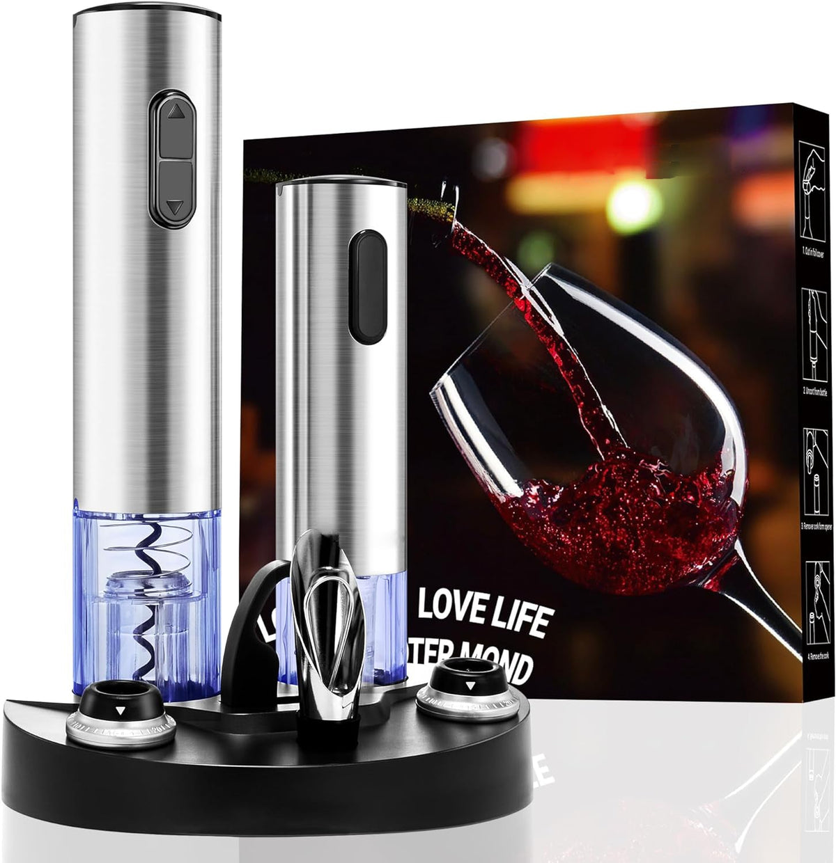 Electric Wine Bottle Opener Set with Vacuum Preserver, Automatic Corkscrew, Foil Cutter, Charging Base, Up to 30 Bottles
