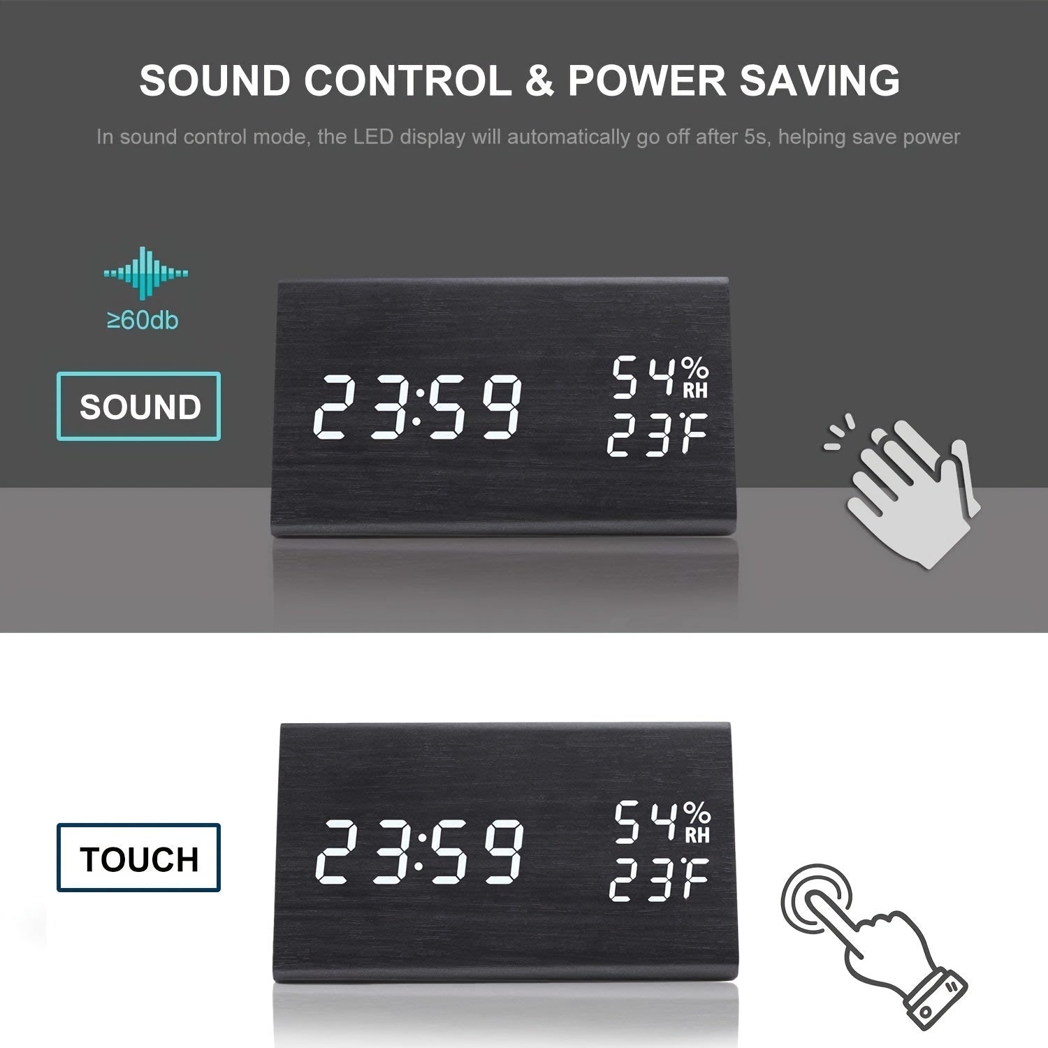 Modern Wooden LED Digital Alarm Clock | Time, Temperature & Humidity Display