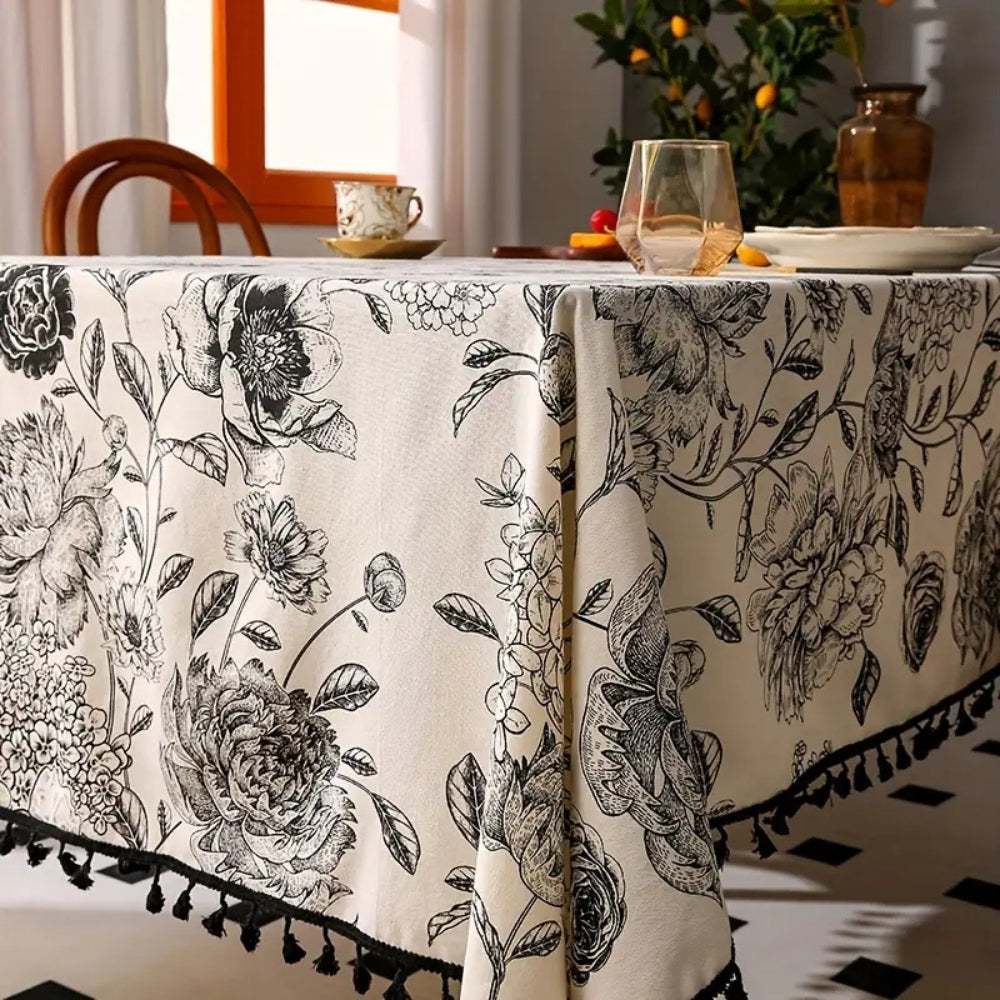 Black Floral Tasseled Farmhouse Tablecloth 0