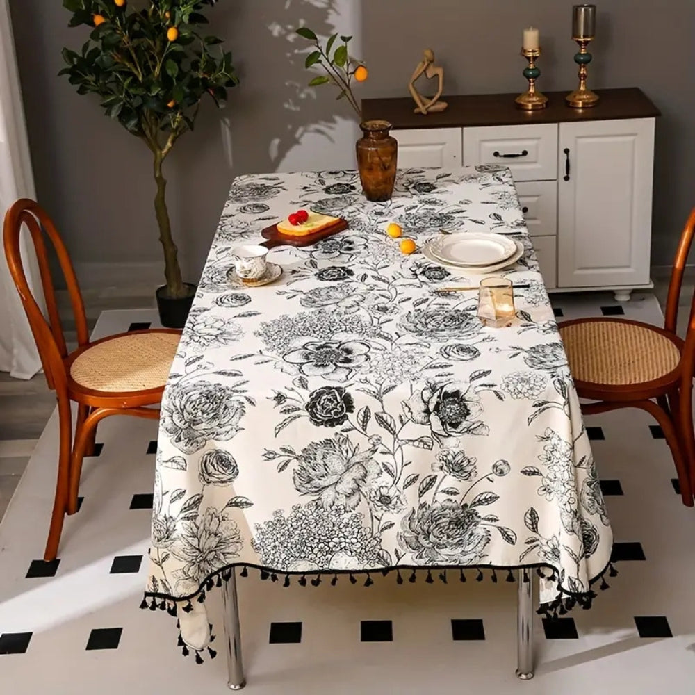 Black Floral Tasseled Farmhouse Tablecloth 1