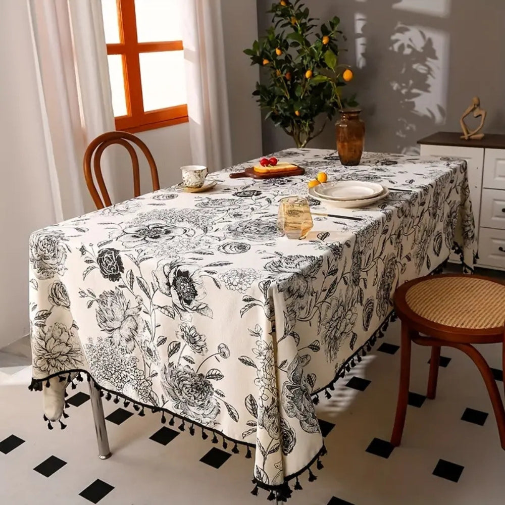 Black Floral Tasseled Farmhouse Tablecloth 2