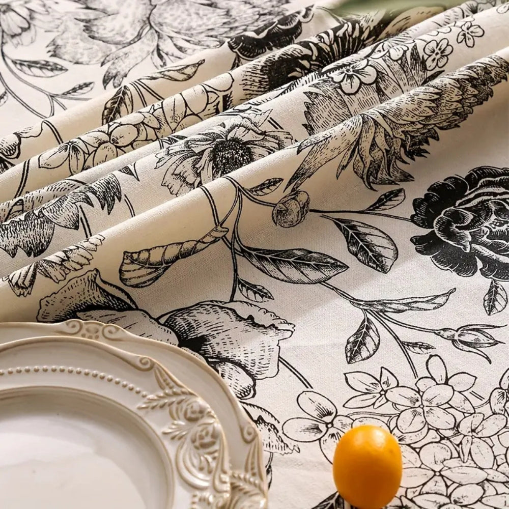 Black Floral Tasseled Farmhouse Tablecloth 4