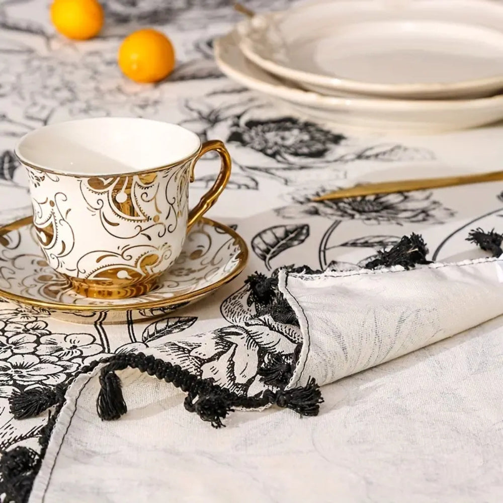 Black Floral Tasseled Farmhouse Tablecloth 5