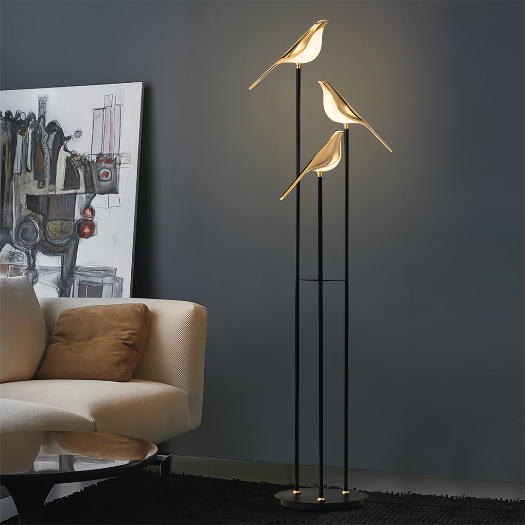 Elegant Gold Floor Lamp | Modern Standing Lamp with Unique Magpie Design | Artistic Lighting for Contemporary Living Rooms