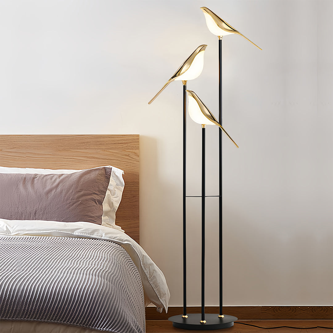 Elegant Gold Floor Lamp | Modern Standing Lamp with Unique Magpie Design | Artistic Lighting for Contemporary Living Rooms