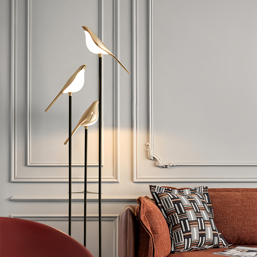 Elegant Gold Floor Lamp | Modern Standing Lamp with Unique Magpie Design | Artistic Lighting for Contemporary Living Rooms