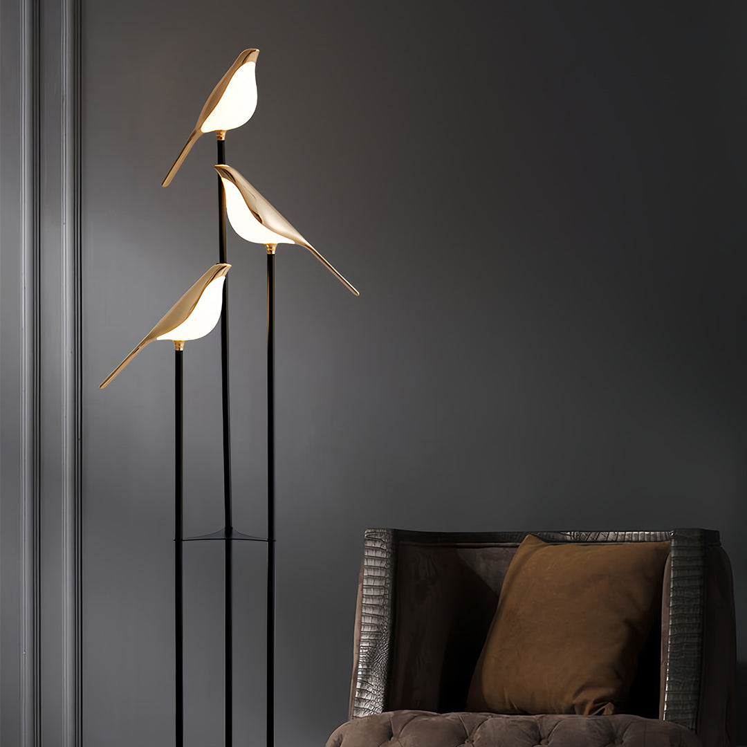 Elegant Gold Floor Lamp | Modern Standing Lamp with Unique Magpie Design | Artistic Lighting for Contemporary Living Rooms
