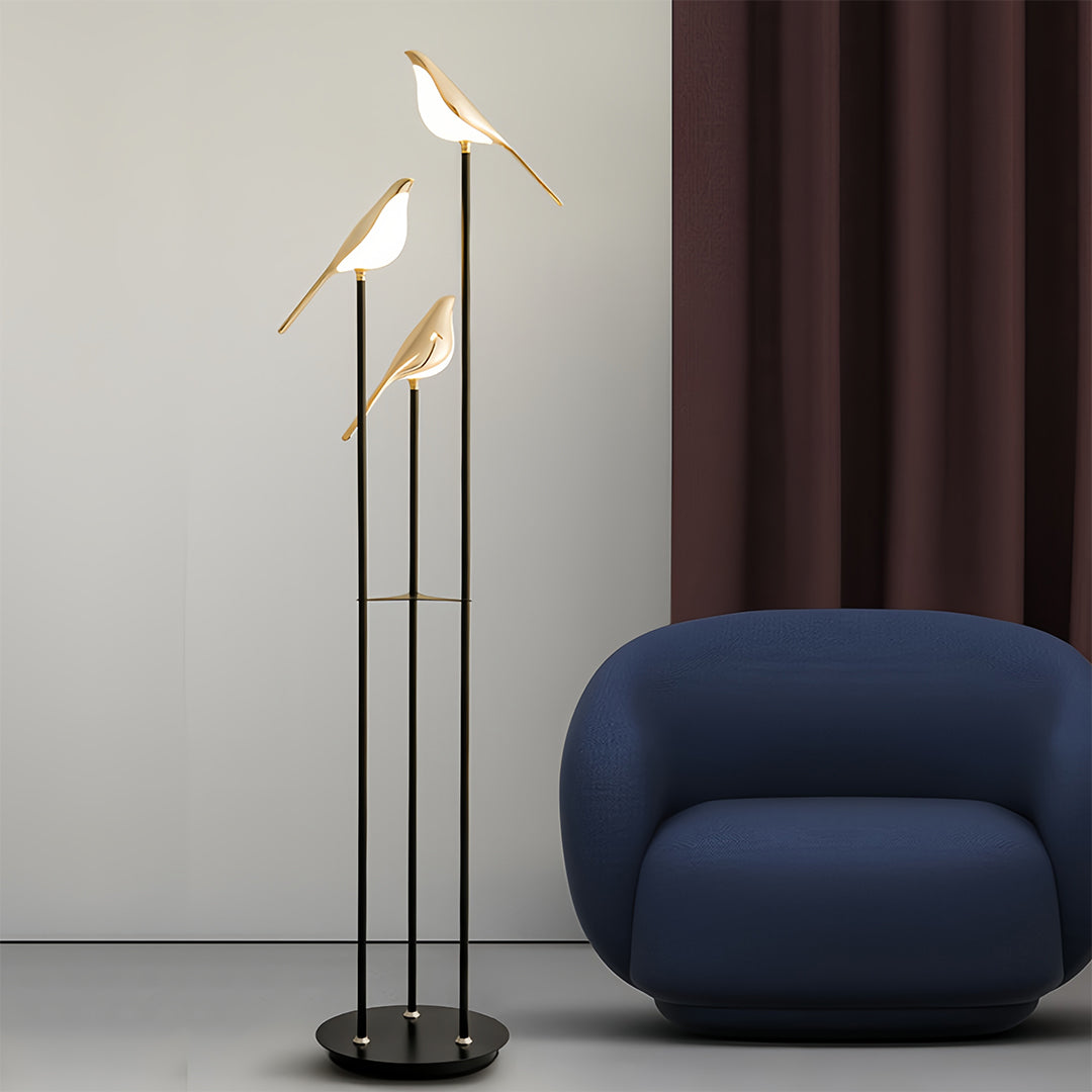 Elegant Gold Floor Lamp | Modern Standing Lamp with Unique Magpie Design | Artistic Lighting for Contemporary Living Rooms