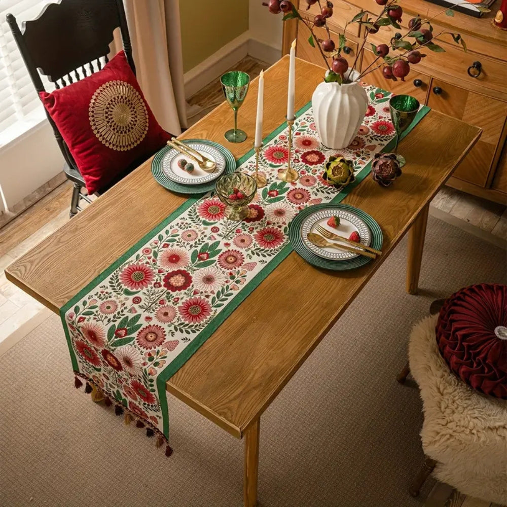 Embroidered Floral Tassel Table Runner 1