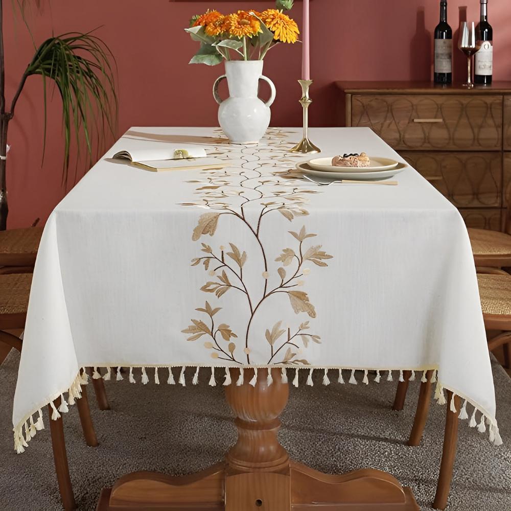 Embroidered Floral Tassel Tablecloth 1