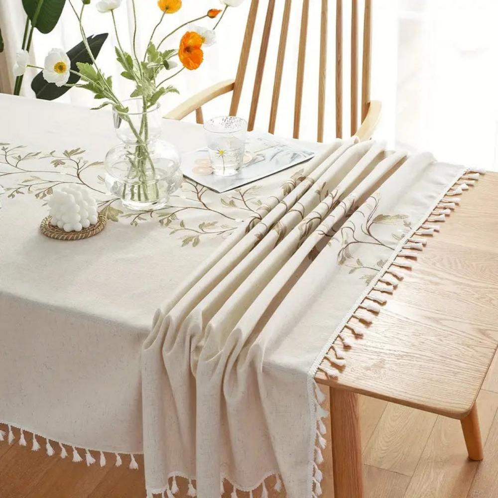 Embroidered Floral Tassel Tablecloth 2