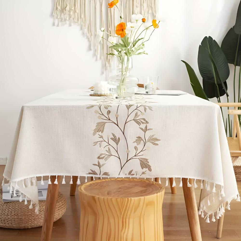 Embroidered Floral Tassel Tablecloth 4