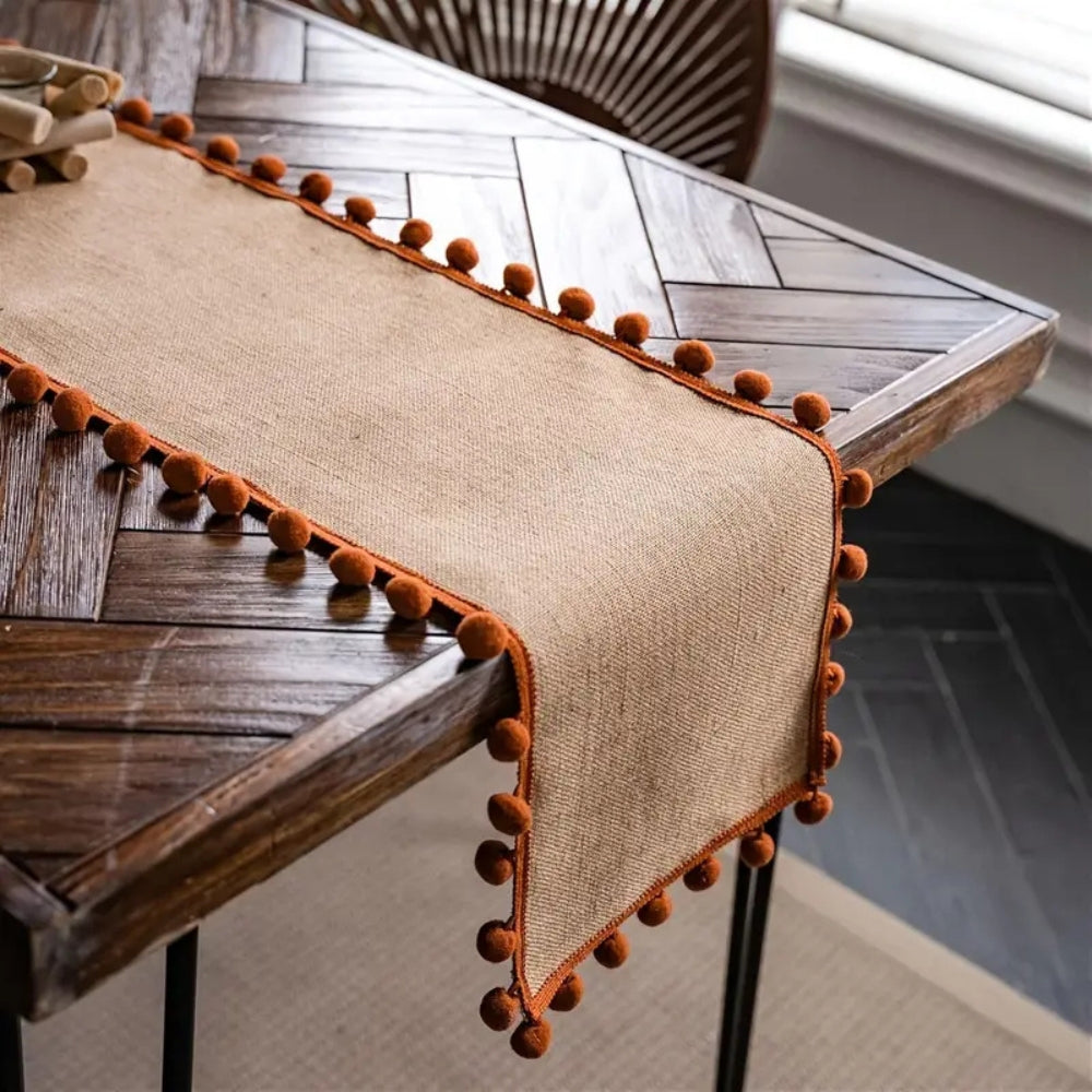Jute Bohemian Pom-Pom Table Runner 1