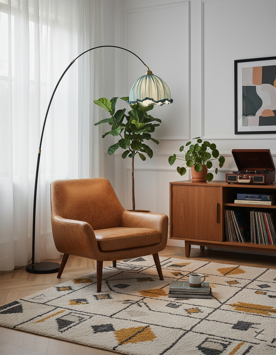 Kimala | Modern Arc Floor Lamp with Fabric Shade & Black Metal Base | Elegant Lighting for Contemporary Spaces