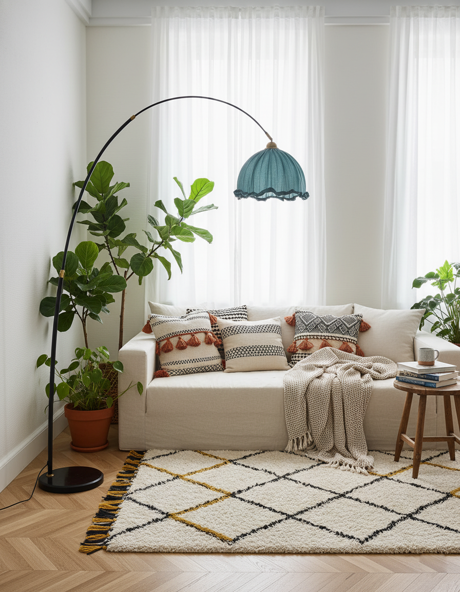 Kimala | Modern Arc Floor Lamp with Fabric Shade & Black Metal Base | Elegant Lighting for Contemporary Spaces