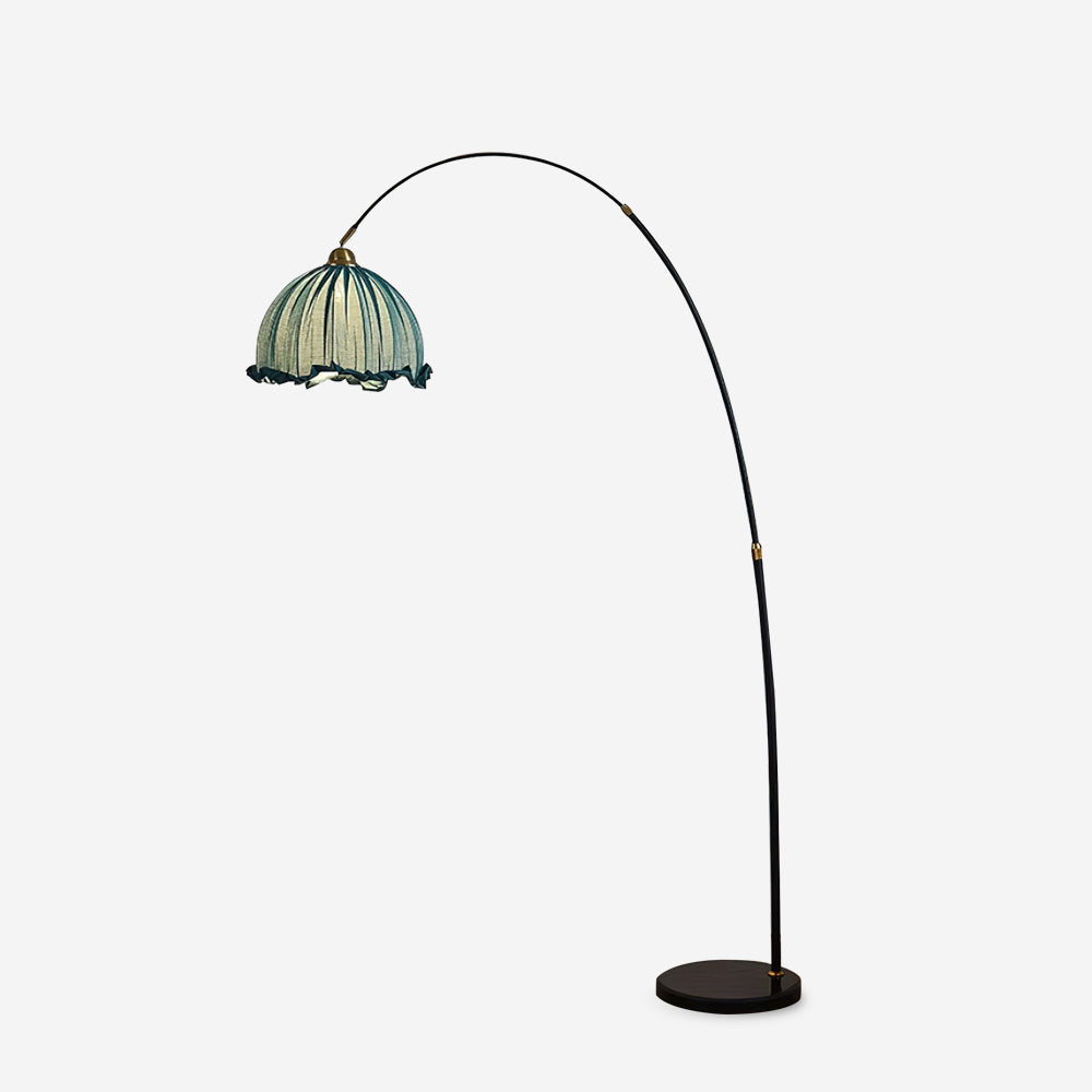 Kimala | Modern Arc Floor Lamp with Fabric Shade & Black Metal Base | Elegant Lighting for Contemporary Spaces