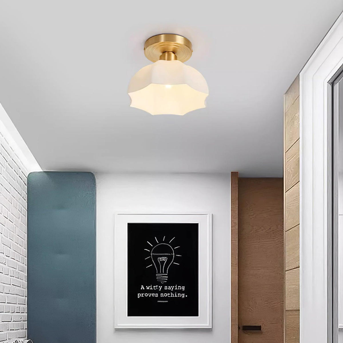 Mid-Century Brass Opal Glass Flush Mount Light