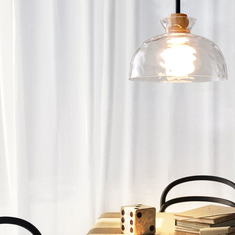 Nordic Collection | Glass Pendant Lighting with Rippled Shade & Natural Wood Accent | Modern Fixture for Stylish Interiors