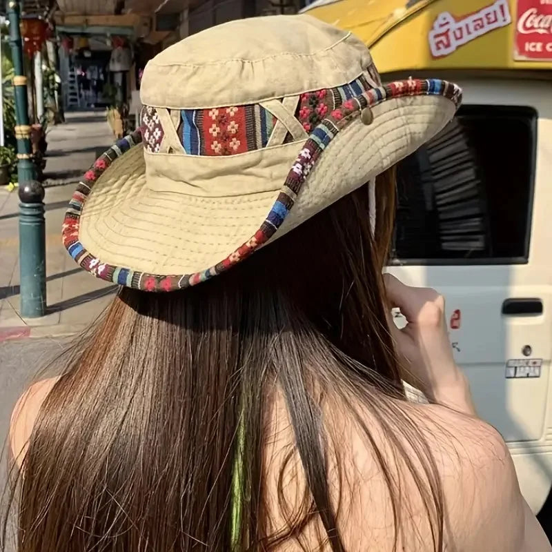 Boho Trim Wide-Brim UV Bucket Hat