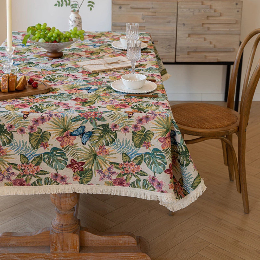Ornate Floral Linen Tablecloth 0