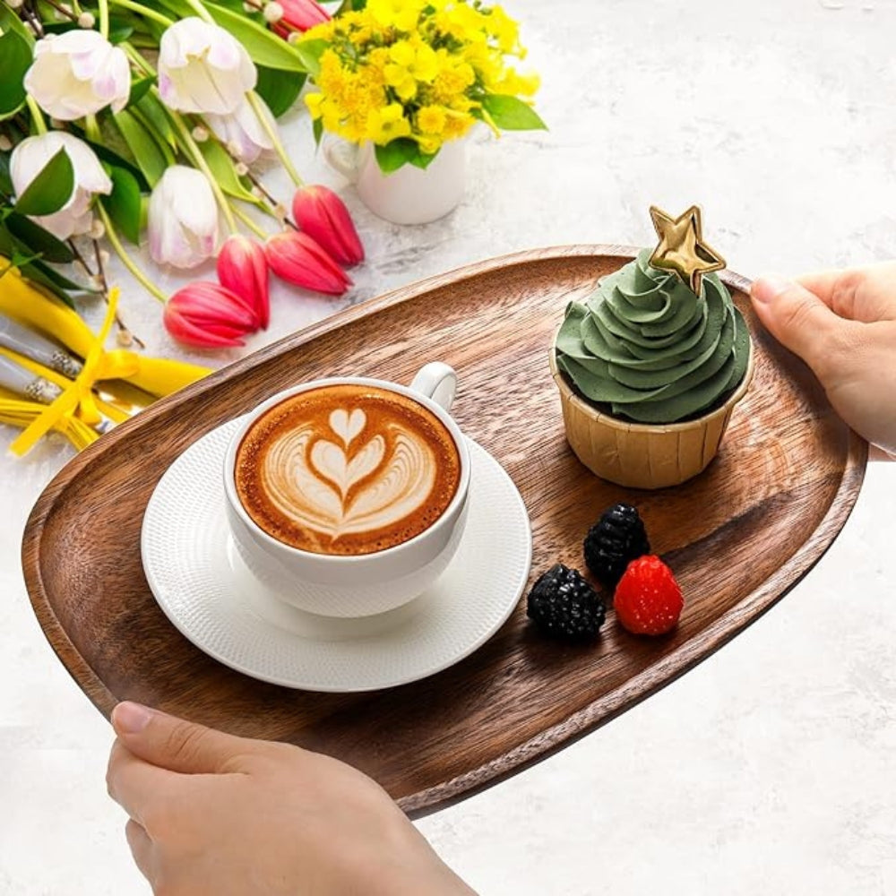 Oval Shaped Acacia Wood Serving Trays Set 2
