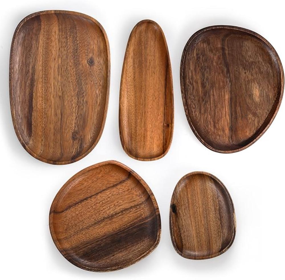 Oval Shaped Acacia Wood Serving Trays Set 6