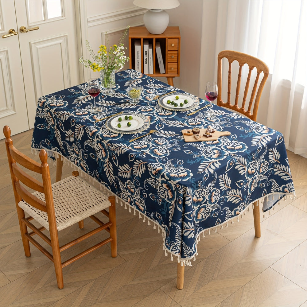 Peacock Blossom Boho Floral Tablecloth with Tassel 0