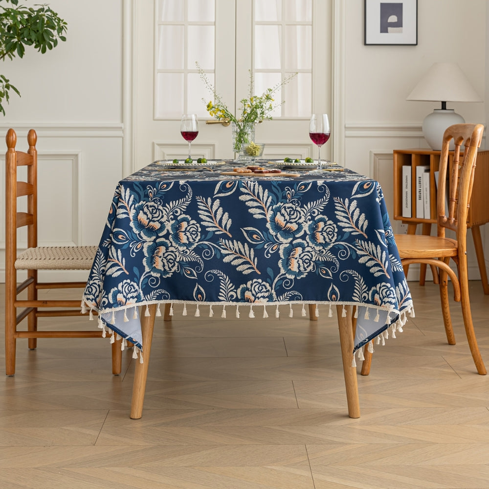 Peacock Blossom Boho Floral Tablecloth with Tassel 1
