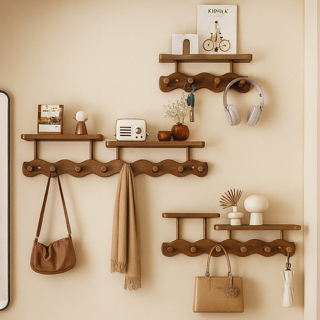 Ripple Collection | Bamboo Entryway Wall Rack with Hooks & Shelf | Stylish Organizer for Clutter-Free Spaces