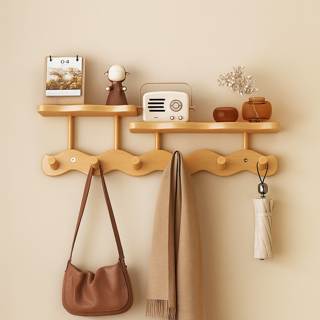 Ripple Collection | Bamboo Entryway Wall Rack with Hooks & Shelf | Stylish Organizer for Clutter-Free Spaces