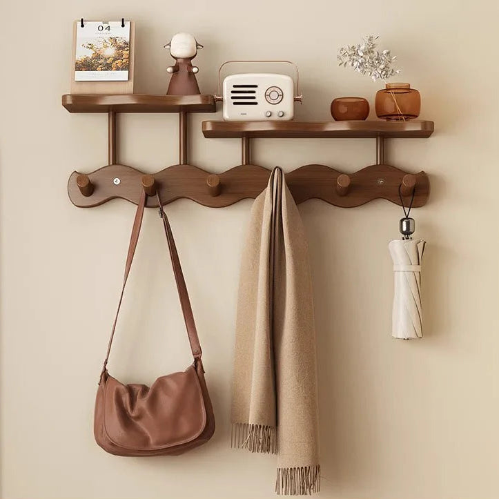 Ripple Collection | Bamboo Entryway Wall Rack with Hooks & Shelf | Stylish Organizer for Clutter-Free Spaces