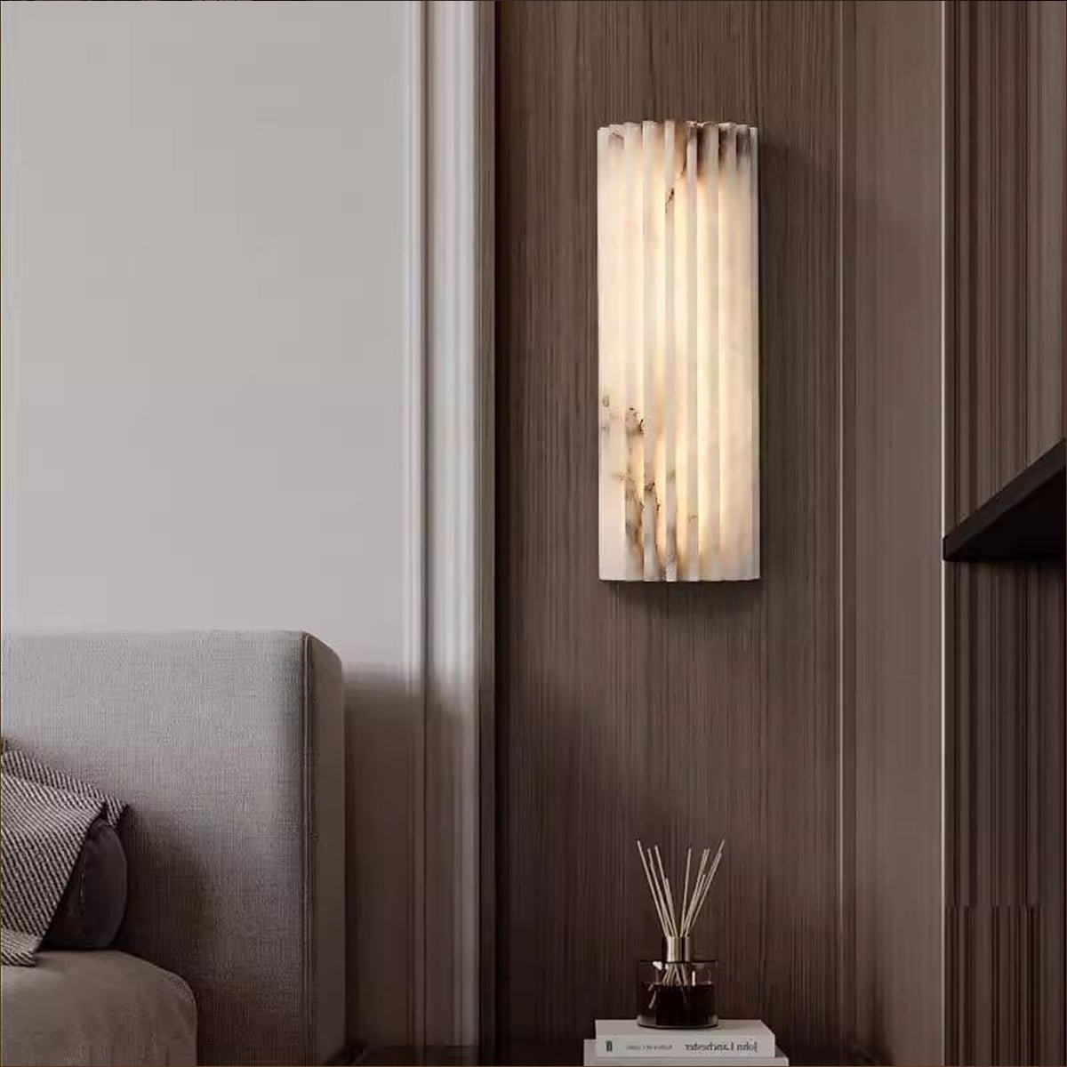 Rula Collection | Alabaster Wall Light with Unique Veining | Elegant Sconces for Warm Ambient Illumination