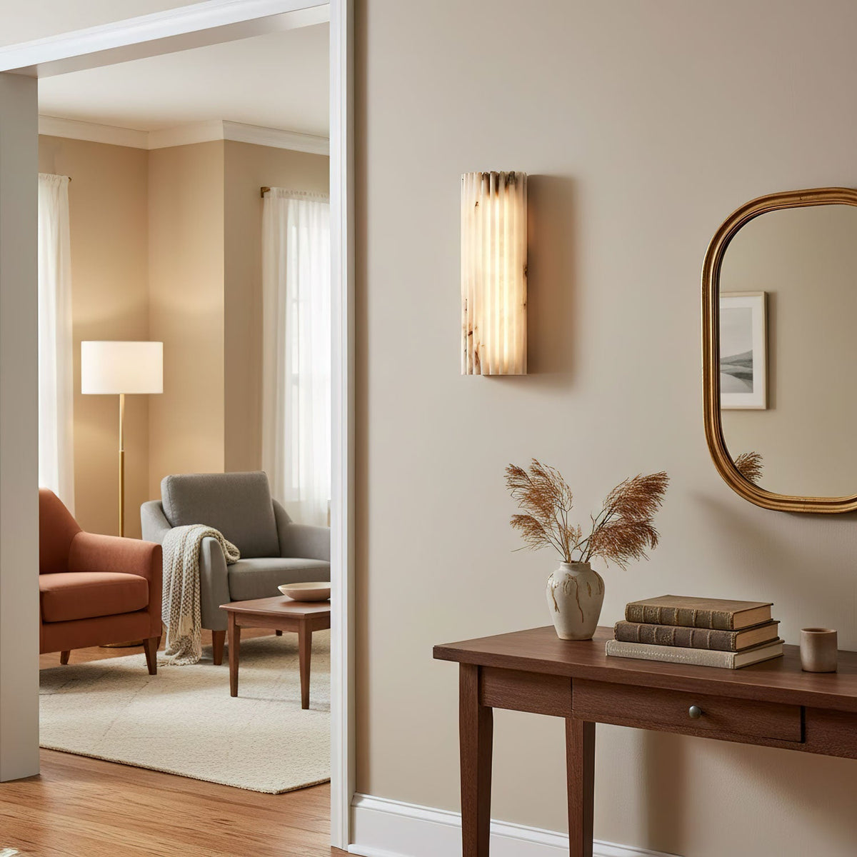 Rula Collection | Alabaster Wall Light with Unique Veining | Elegant Sconces for Warm Ambient Illumination