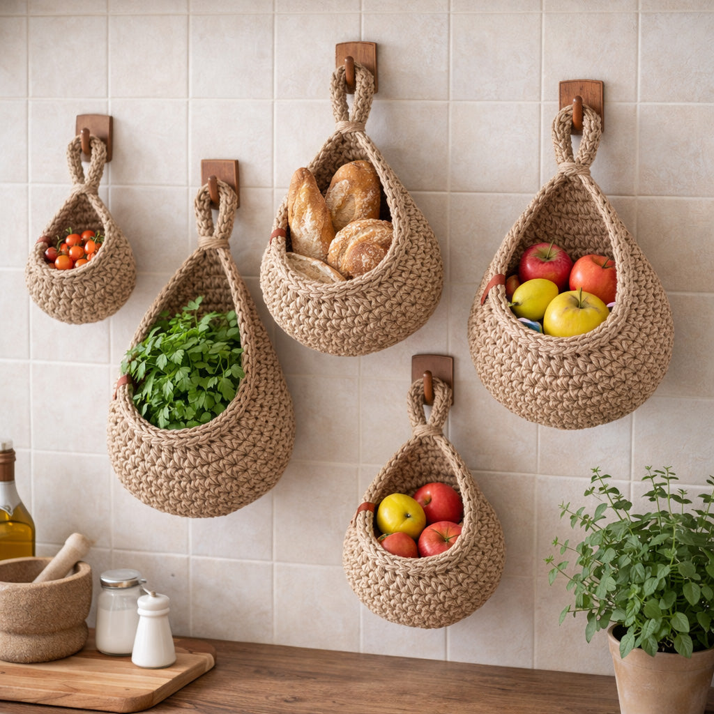 Rustic Jute Collection | Hanging Wall Basket with Teardrop Design | Eco-Friendly Storage for Fruits and Plants