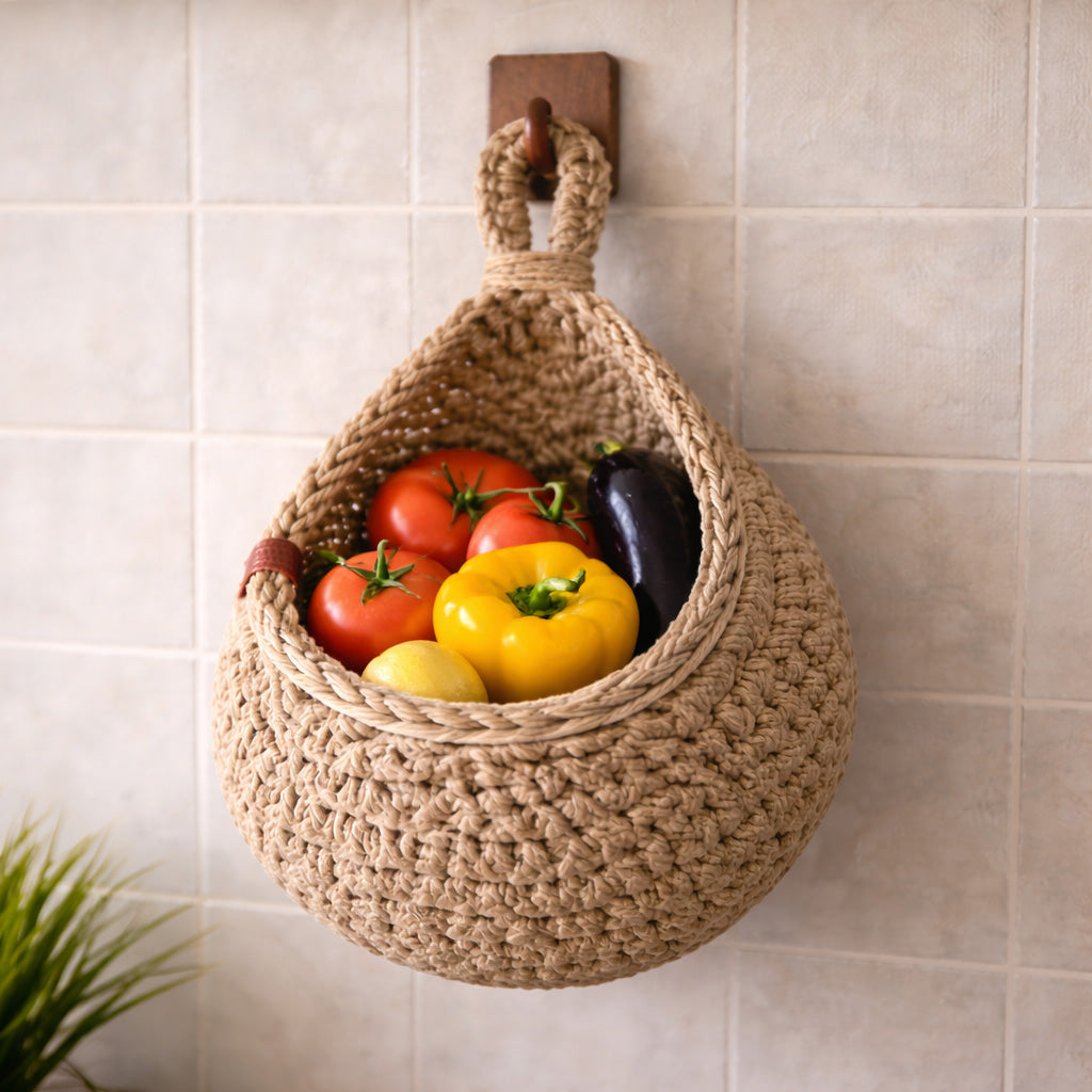 Rustic Jute Collection | Hanging Wall Basket with Teardrop Design | Eco-Friendly Storage for Fruits and Plants