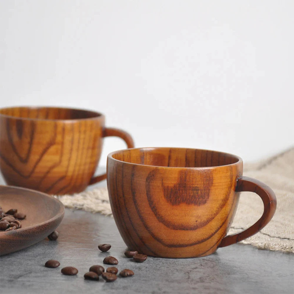 Rustic Natural Wooden Tea Cups with Handle (2PCS) 1