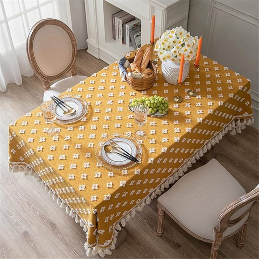 Versatile Yellow Embroidered Tassel Tablecloth 7