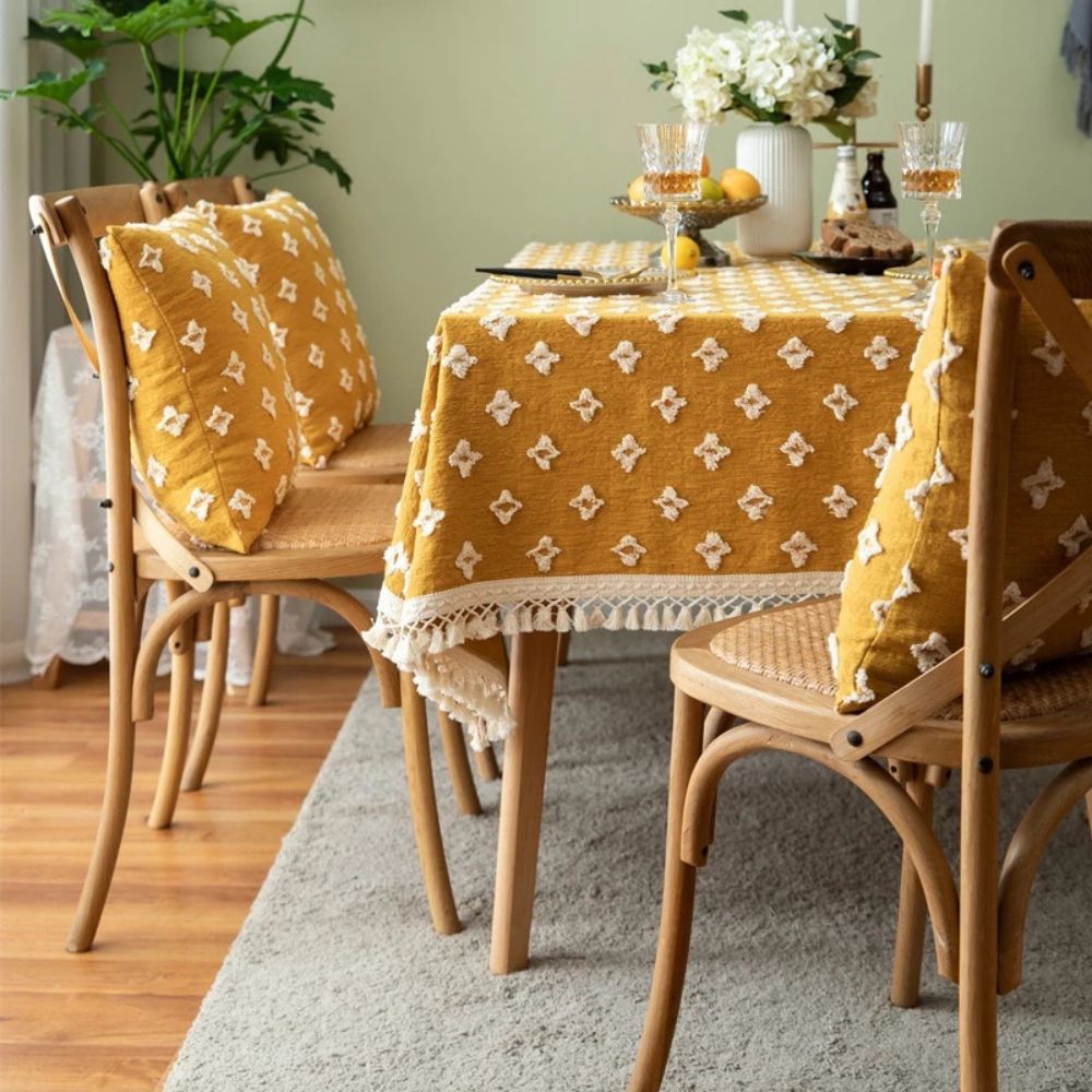 Versatile Yellow Embroidered Tassel Tablecloth 8