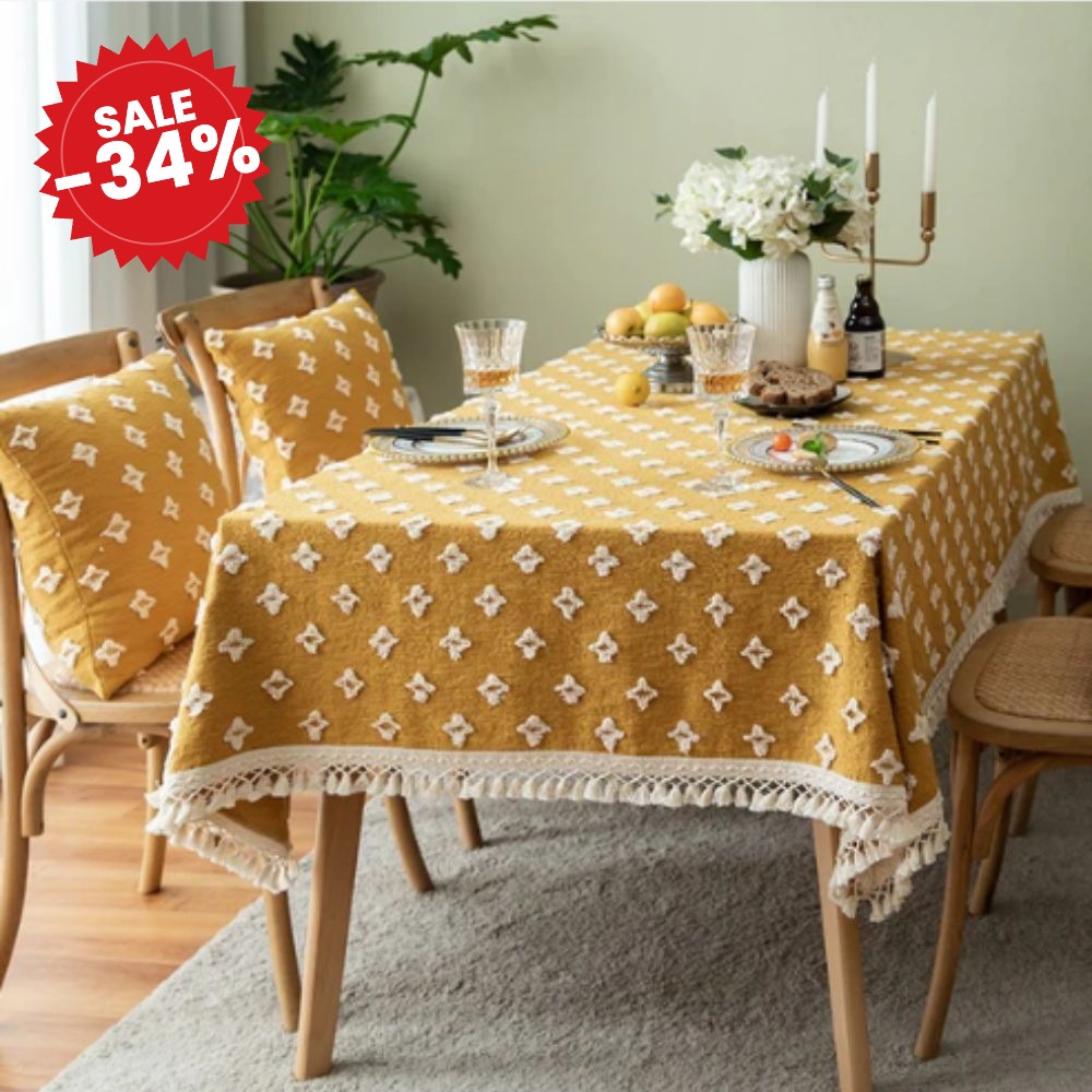 Versatile Yellow Embroidered Tassel Tablecloth - SALE -34%