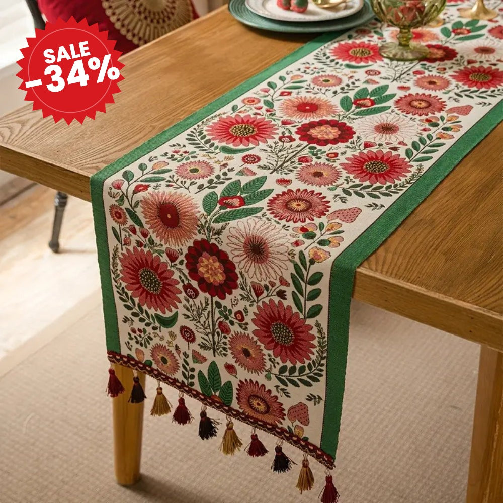 Embroidered Floral Tassel Table Runner - SALE -34%