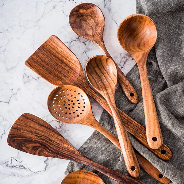 Premium Natural Teak Wood Kitchen Utensils – Eco-Friendly, Non-Toxic Cooking Spoons, Cookware for Home Everyday Use - Du