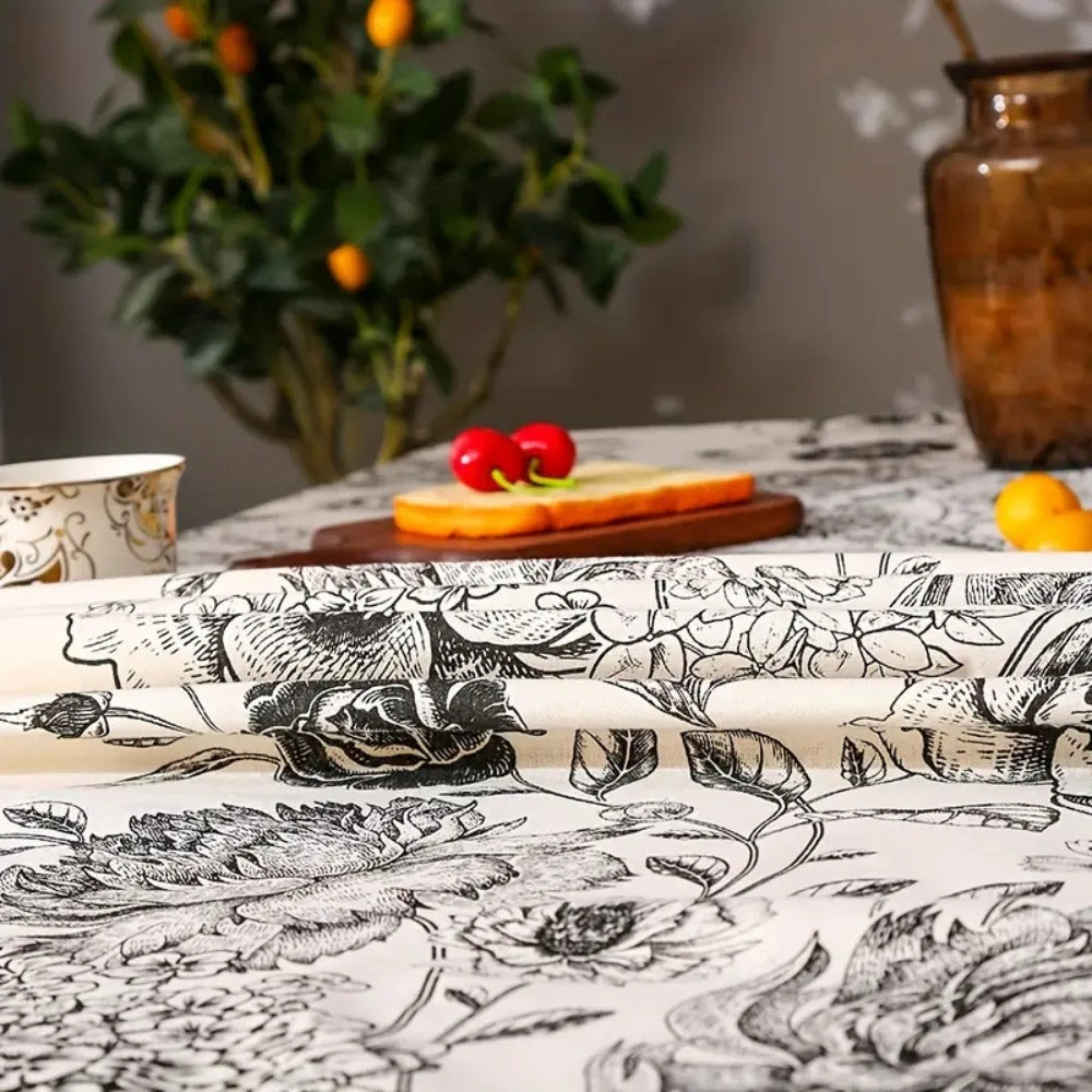 Black Floral Tasseled Farmhouse Tablecloth 3