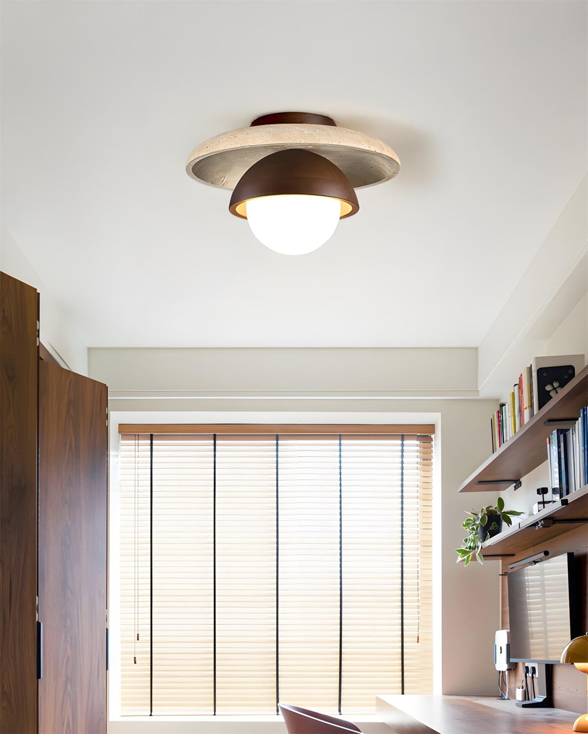 Organic Modern Travertine Wood Ceiling Light