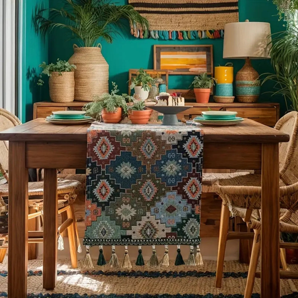 Colourful Geometric Tassel Table Runner Decor 0