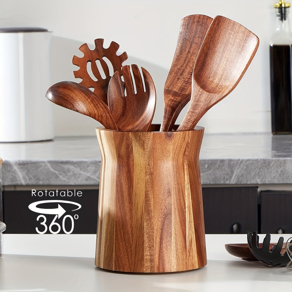 Elegant Acacia Wood Rotating Utensil Holder 3