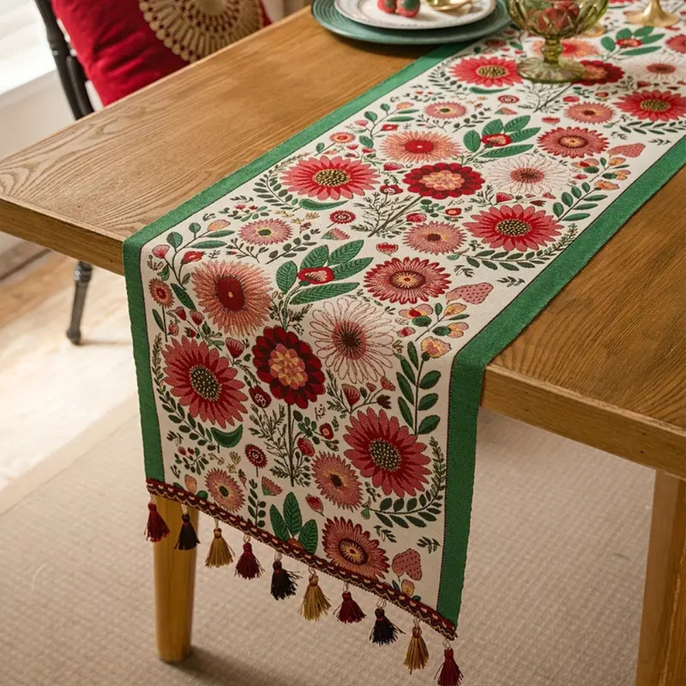 Embroidered Floral Tassel Table Runner 0