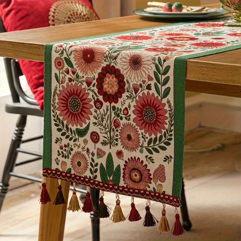 Embroidered Floral Tassel Table Runner 2
