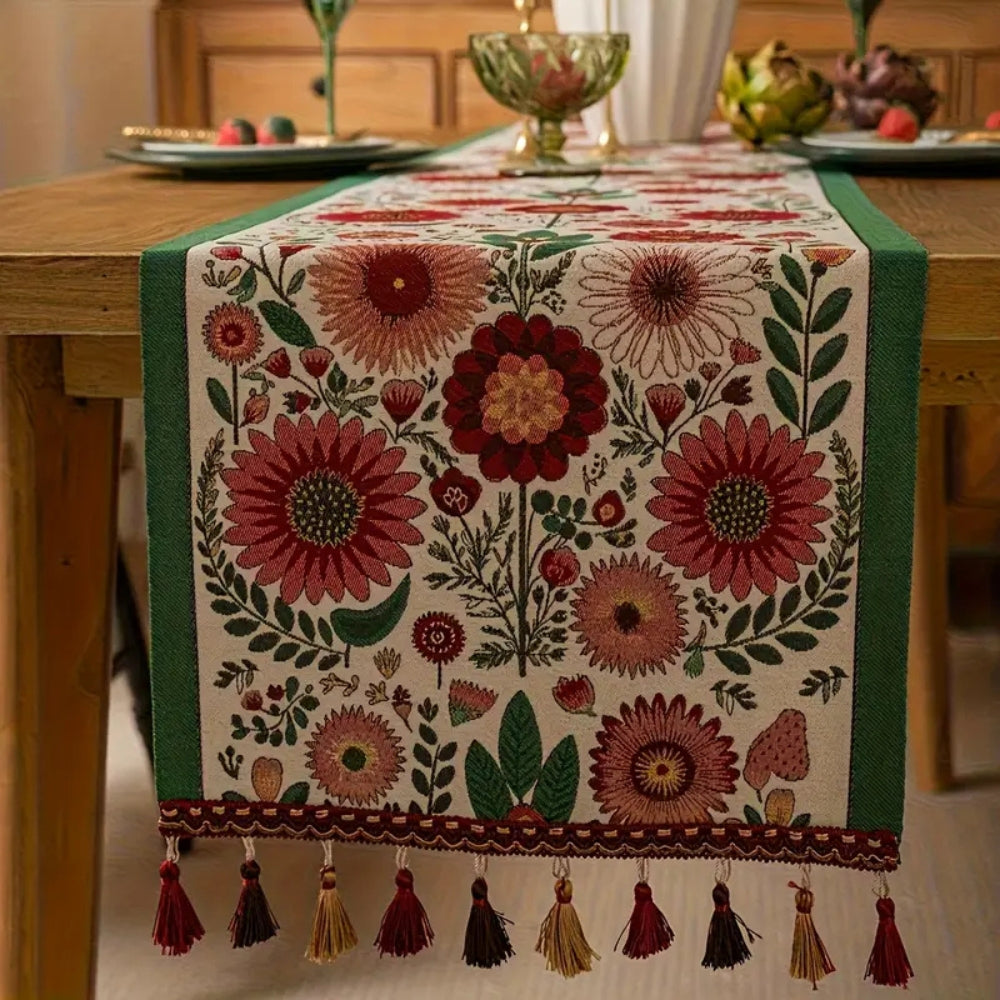 Embroidered Floral Tassel Table Runner 3