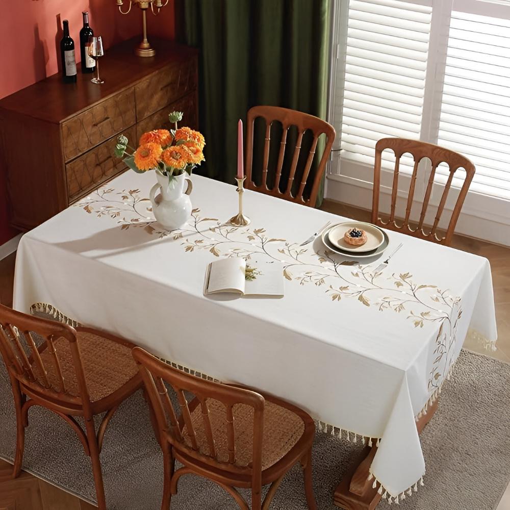Embroidered Floral Tassel Tablecloth 0