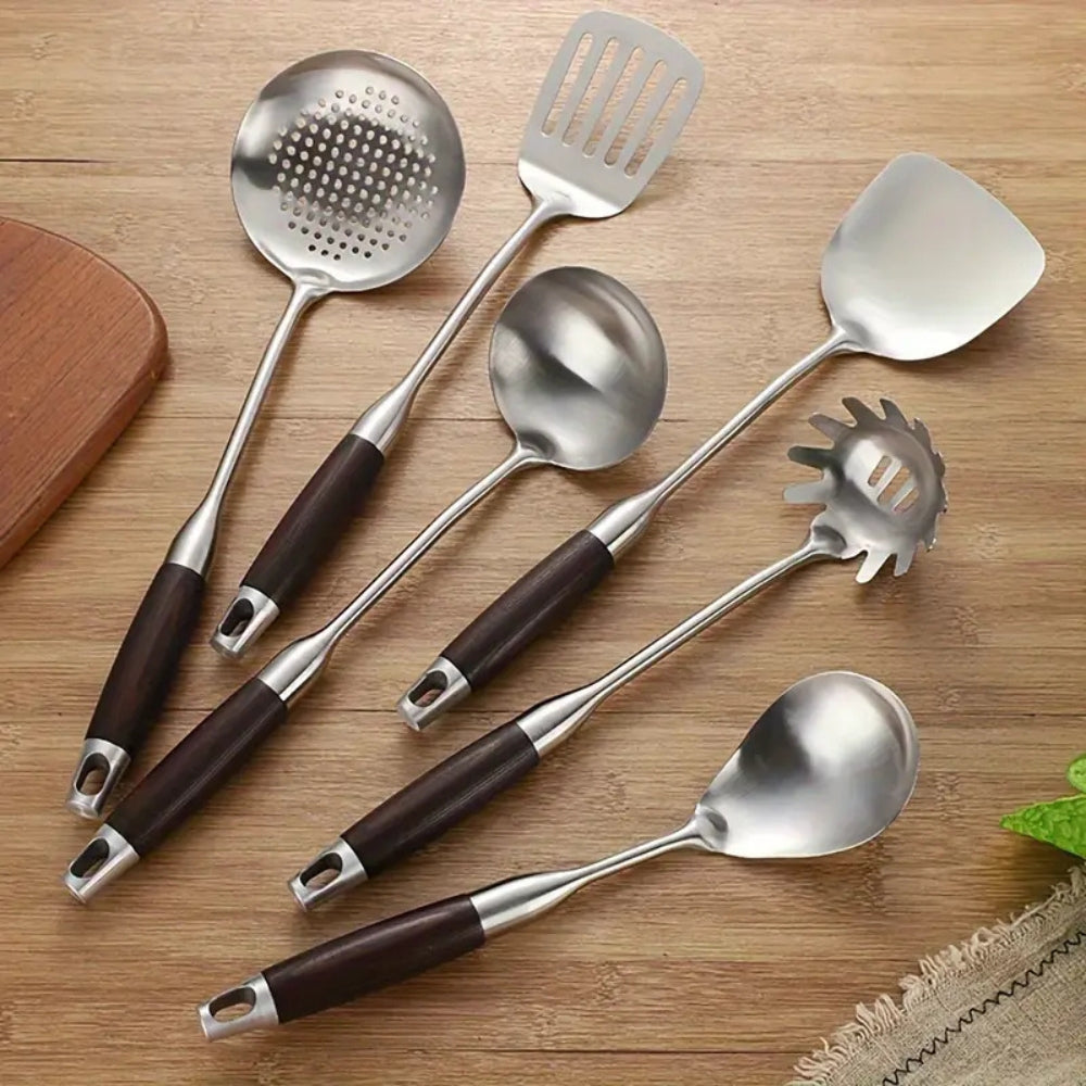 Gleaming Stainless Steel Wooden Utensils | 6Pcs Set 0